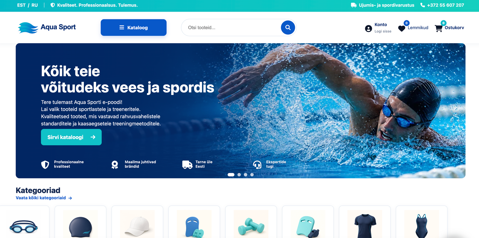 AquaSporti mitmekeelse WooCommerce’i e-poe avaleht ujumistoodetega