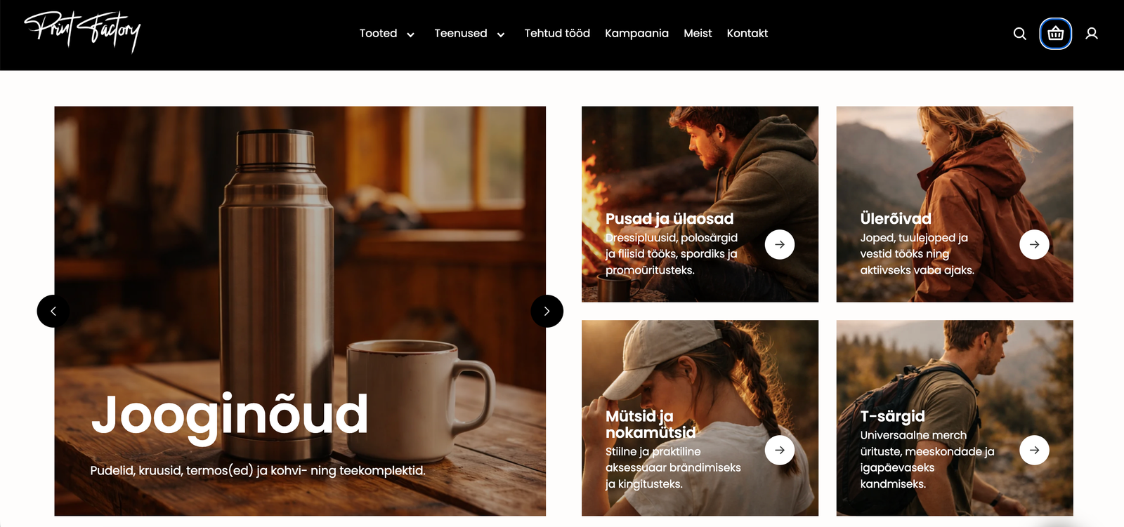 PrintFactory WooCommerce’i e-poe avaleht bränditud toodete kategooriatega