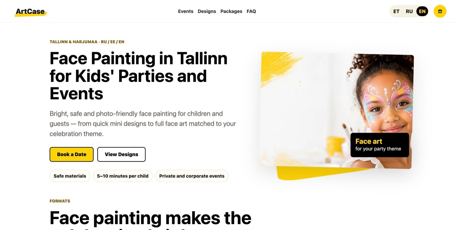 ArtCase face painting website screenshot